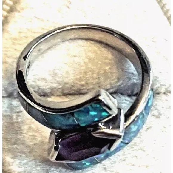 925 Silver Synthetic Blue Opal & Amethyst Ring ~ Signed CO ~ Size 6 - Picture 4 of 6